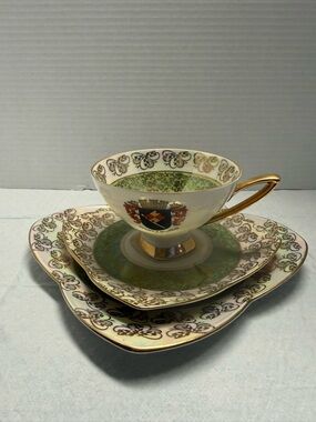 Wurzburg Vintage Green and Gold Porcelain Tea Cup with Saucer and Plate Set